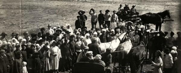 Leon Trotsky underway at a village, 1924.