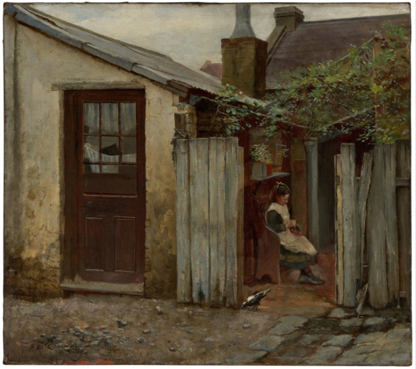 Girl with bird at the King Street bakery, 1886. Artist: McCubbin, Frederick (1855-1917)