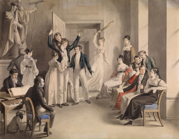 Franz Schubert (1797-1828). Party game of the Schubertians in Atzenbrugg, 1821. Artist: Kupelwieser, Leopold (1796-1862)