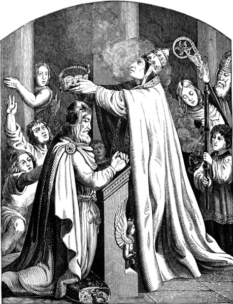 The Coronation of Emperor Charlemagne by Pope Leo III (Illustration from the Geschichte des deutschen Volkes by E. Duller), 1840. Artist: Kirchhoff, Johann Jakob (1796-1848)
