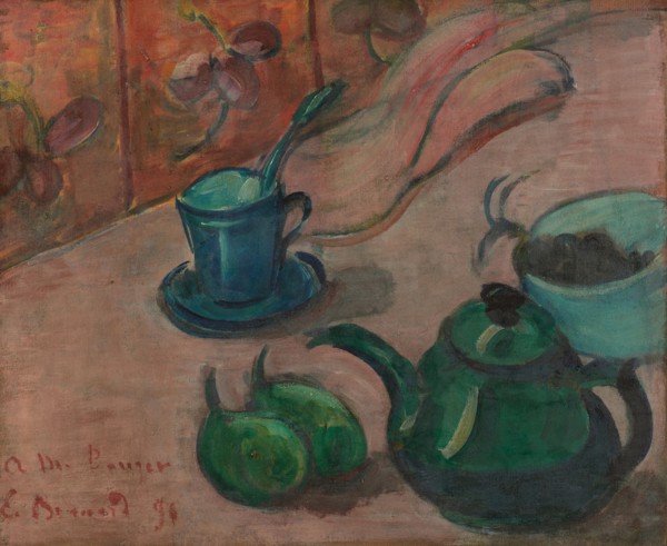 Still life with teapot, cup and fruit, 1890. Artist: Bernard, Émile (1868-1941)