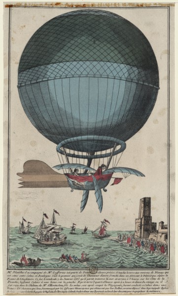 Jean Pierre Blanchard and John Jefferies arriving in Calais after crossing the English Channel in a hot air balloon, 1785. Artist: Anonymous