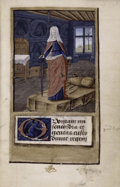 Allegory of Justice (from John of Wales Breviloquium de virtutibus antiquorum principum et philosophorum), 1475-1499. Artist: Colombe, Jean (c. 1430-c. 1493)