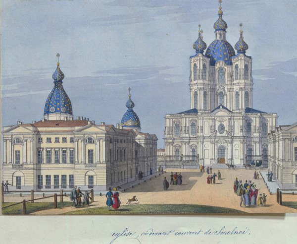 The Smolny Resurrection Cathedral in Saint Petersburg, 1830-1840s. Artist: French master