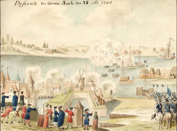 Charles XII is crossing the Düna 1701, 1770-1780s. Artist: Brotze, Johann Christoph (1742-1823)