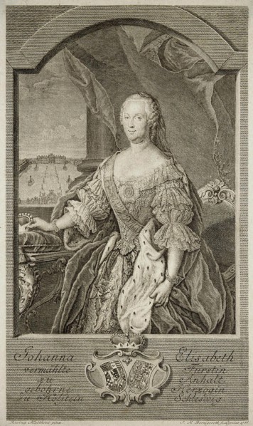 Portrait of Johanna-Elizabeth, Electress of Anhalt-Zerbst (1712-1760), Mother of Catherine II, 1756. Artist: Bernigeroth, Johann Martin (1713-1767)
