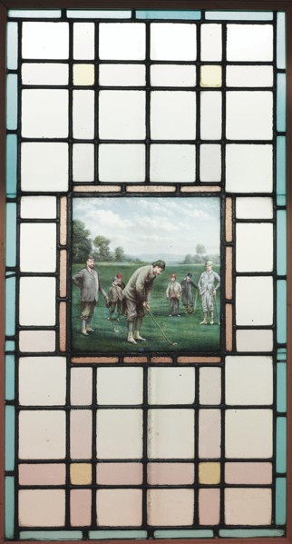 A Late Victorian Leaded Glass Window With The Golfers, c. 1890. Artist: Brock, Charles Edmund (1870-1938)