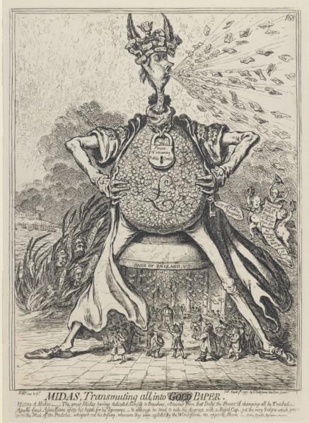 Midas, Transmuting all into Gold Paper, 1797. Artist: Gillray, James (1757-1815)