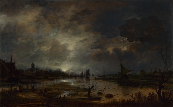 A River near a Town, by Moonlight, c. 1645. Artist: Neer, Aert, van der (1603-1677)