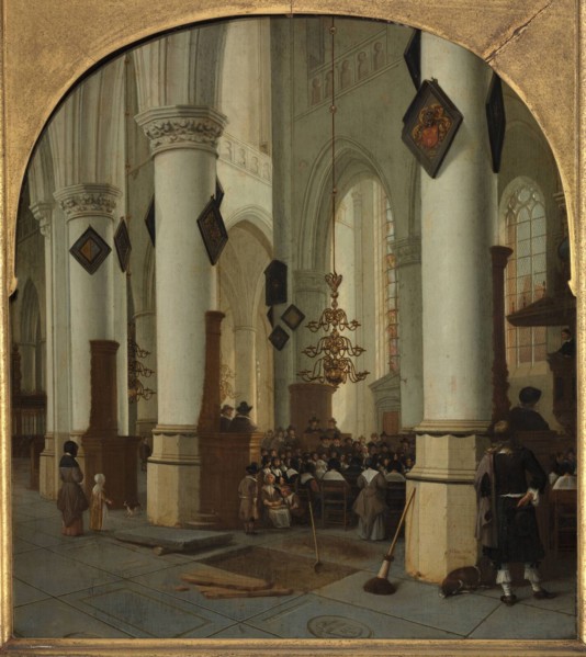 View inside the Saint Bavo church in Haarlem during mass, 1666. Artist: Vliet, Hendrick Cornelisz. van (1611-1675)