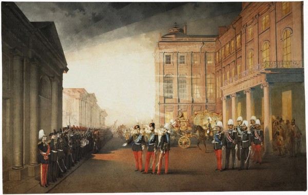 Parade in front of the Anichkov Palace on 26 February 1870, 1870. Artist: Zichy, Mihály (1827-1906)
