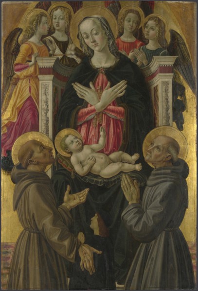 The Virgin and Child with Saints, Angels and a Donor (from Altarpiece: The Virgin and Child with Saints), ca 1475. Artist: Caporali, Bartolomeo (1420-1505)