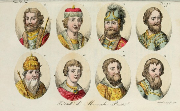 6. Yaroslav 7. Sviatoslav II 8. Sviatopolk 9. Vladimir Monomakh 10. Yuri I 11. Ivan II 12. Dmitry Donskoy 13. Ivan III, 1831. Artist: Giarrè, Luigi (1772-1844)