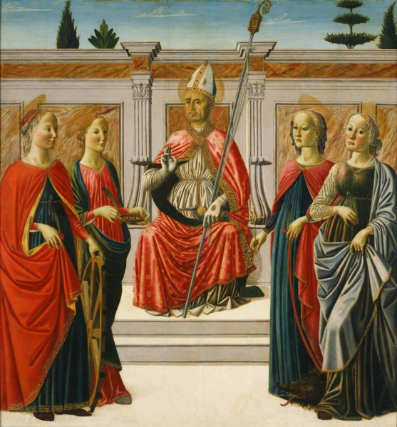 Saint Nicholas and Saints Catherine, Lucy, Margaret and Apollonia. Artist: Botticini, Francesco (1446-1497)