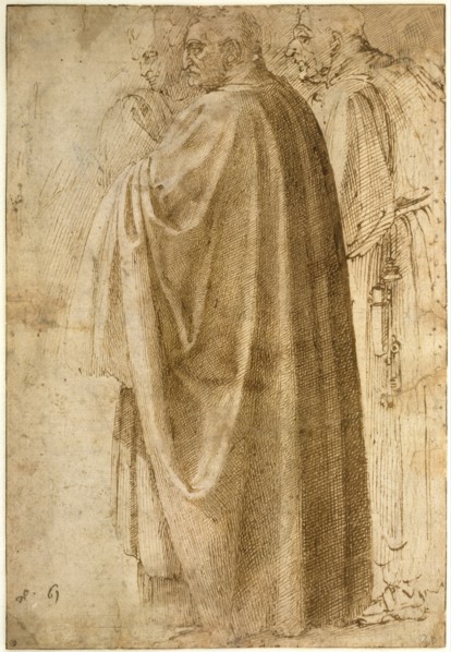 Three Standing Men in Wide Cloaks Turned to the Left, ca 1492-1496. Artist: Buonarroti, Michelangelo (1475-1564)
