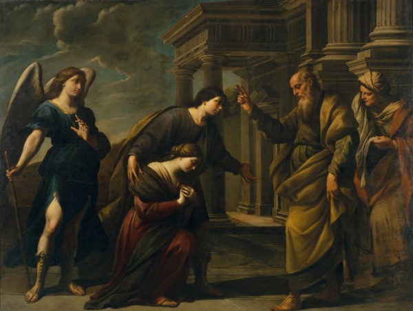Raguel's Blessing of her Daughter Sarah before Leaving Ecbatana with Tobias, c. 1640. Artist: Vaccaro, Andrea (1604-1670)