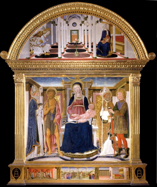Madonna with Child and Saints Blaise, John the Baptist, Nicholas and Florian. The Annunciation, 1462. Artist: Lorenzo di Pietro (Vecchietta) (1410-1480)