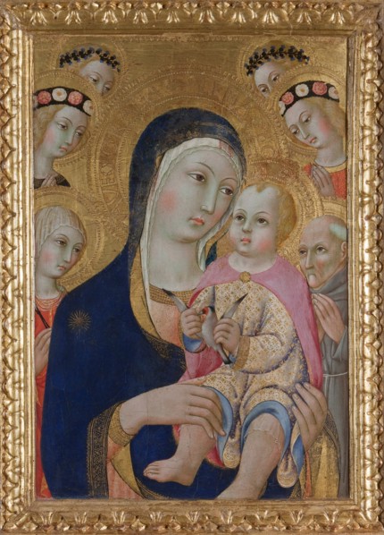 Madonna with Child, Saints Apollonia and Bernardino and four angels, ca 1460. Artist: Sano di Pietro (1406-1481)