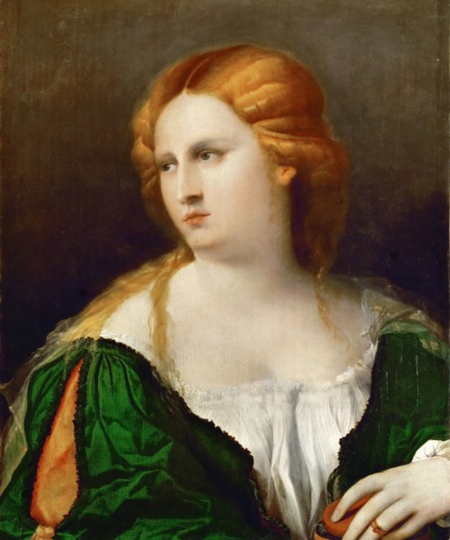 Young woman in a green dress, a box in her hand, ca 1514. Artist: Palma il Vecchio, Jacopo, the Elder (1480-1528)