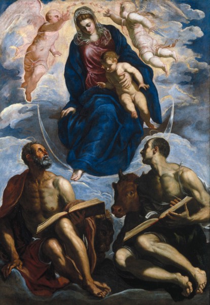 Mary with the Child, Venerated by Saint Mark and Saint Luke, before 1570. Artist: Tintoretto, Jacopo (1518-1594)