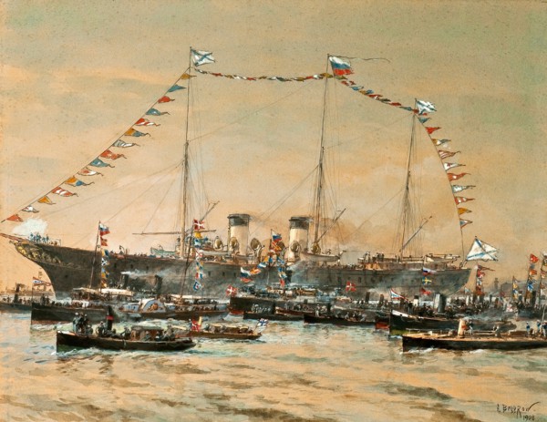 Emperor Nicholas II visiting his Yacht Polestar, 1908. Artist: Beggrov, Alexander Karlovich (1841-1914)