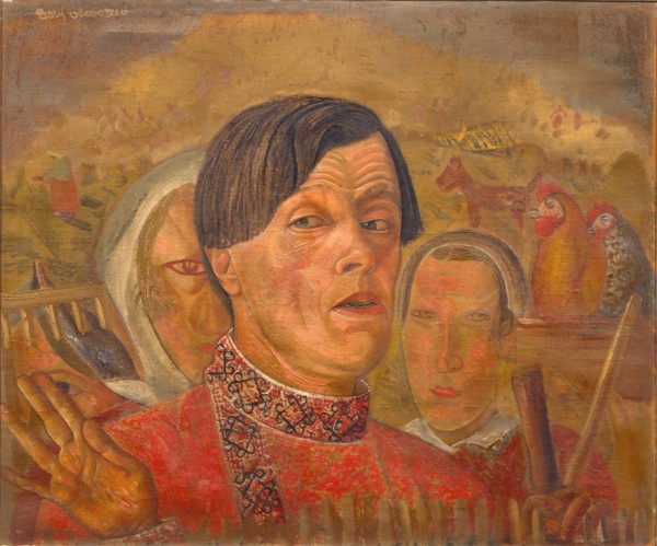 Self-portrait with  the cock and the hen, c. 1924. Artist: Grigoriev, Boris Dmitryevich (1886-1939)