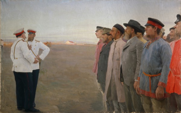 The recruitment, 1904. Artist: Popov, Lukian Vasilyevich (1873-1914)