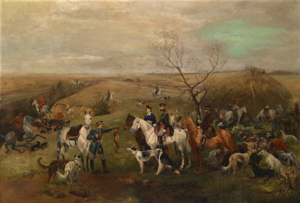 Hunting party with the Emperor Alexander III and Empress Maria Feodorovna, 1880s. Artist: Samokish, Nikolai Semyonovich (1860-1944)
