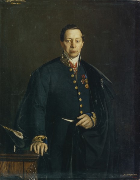 Portrait of the artist Pyotr Basin (1794-1881), 1857. Artist: Tiutriumov, Nikanor Leontievich (1821-1877)