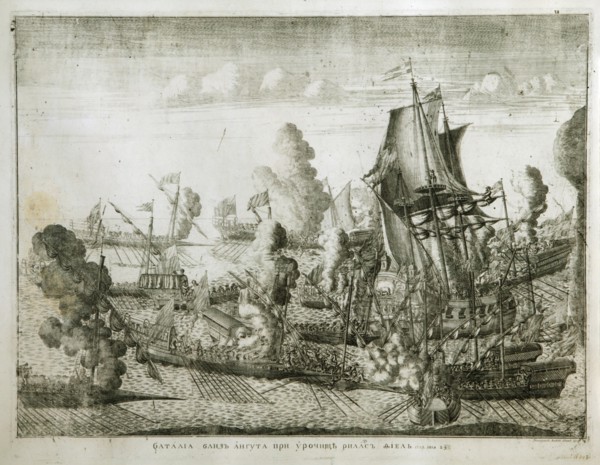 The naval Battle of Gangut on July 27, 1714, 1715. Artist: Zubov, Alexei Fyodorovich (1682-after 1750)