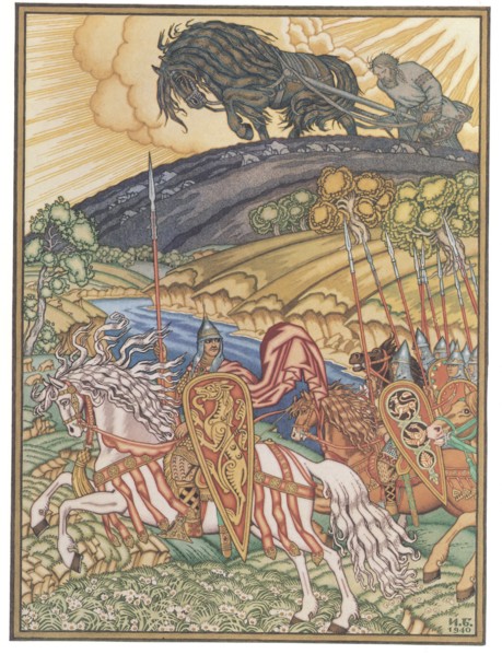 Volga Svyatoslavich and Mikula Selyaninovich, 1940. Artist: Bilibin, Ivan Yakovlevich (1876-1942)