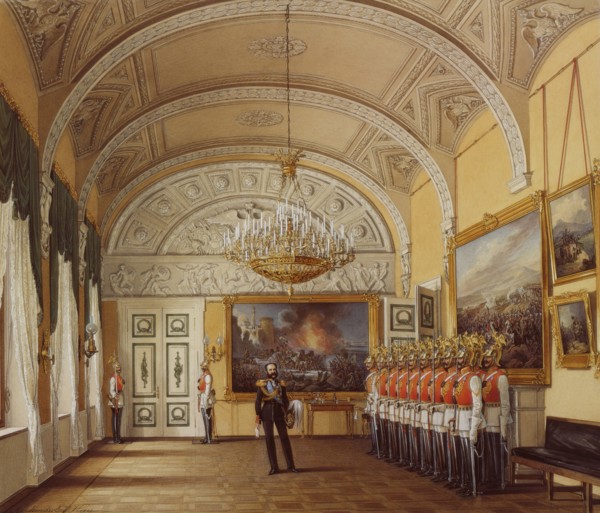 Interiors of the Winter Palace. The Guardroom, 1864. Artist: Hau, Eduard (1807-1887)