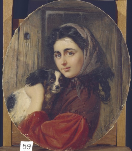 Girl With Small Dog. Artist: Makovsky, Konstantin Yegorovich (1839-1915)
