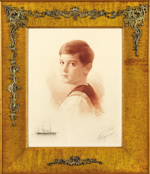 Portrait of the Successor to the throne Tsarevich Alexei Nikolaevich of Russia with a remarque depiction of the Imperial Yacht , 1913. Artist: Rundaltsov, Mikhail Viktorovich (1871-1935)