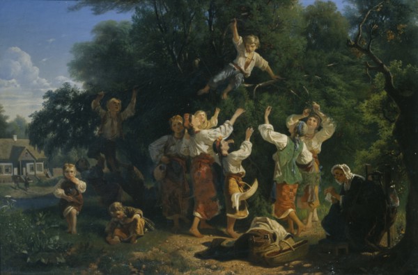 Cherry harvest in a landowner's fruit garden in the Ukraine, 1858. Artist: Sokolov, Ivan Ivanovich (1823-1918)