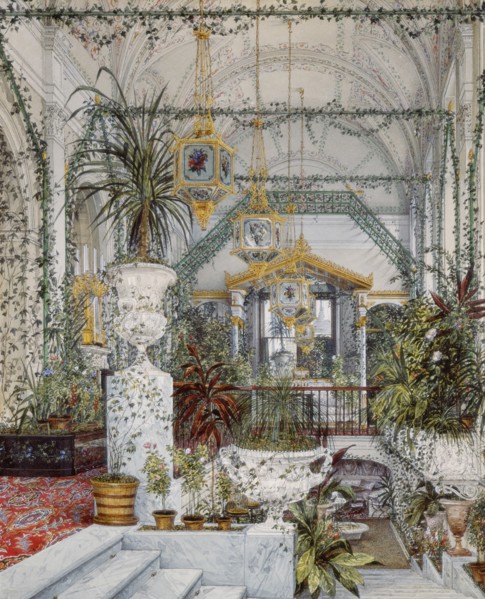 Interiors of the Winter Palace. The Winter Garden of Empress Alexandra Fyodorovna, 1860s. Artist: Ukhtomsky, Konstantin Andreyevich (1818-1881)