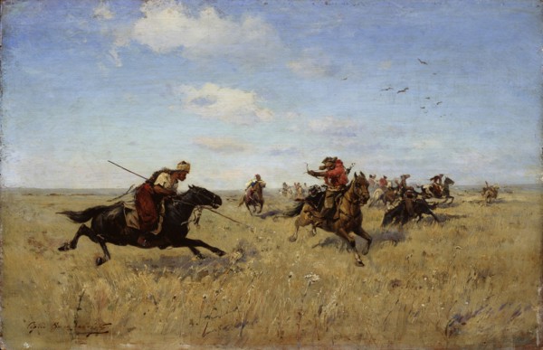 Fight between Dnieper Cossacks and Tatars, 1892. Artist: Vasilkovsky, Sergei Ivanovich (1854-1917)