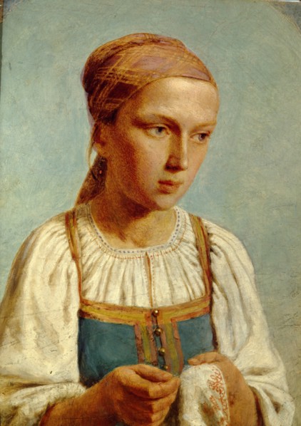 Embroidery Country Girl, 1843. Artist: Venetsianov, Alexei Gavrilovich (1780-1847)