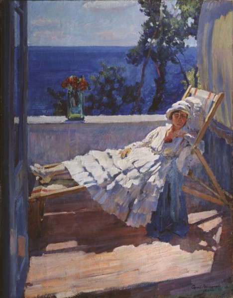A lady on the balcony, 1916. Artist: Vinogradov, Sergei Arsenyevich (1869-1938)