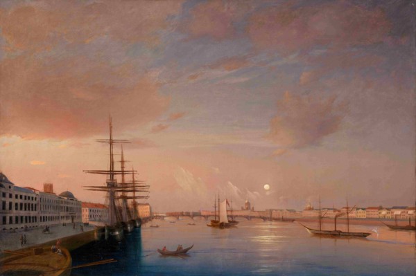 View of the Blagoveshchensky (Annunciation) Bridge and Nikolaevskaya Embankment, ca 1852. Artist: Vorobyev, Maxim Nikiphorovich (1787-1855)