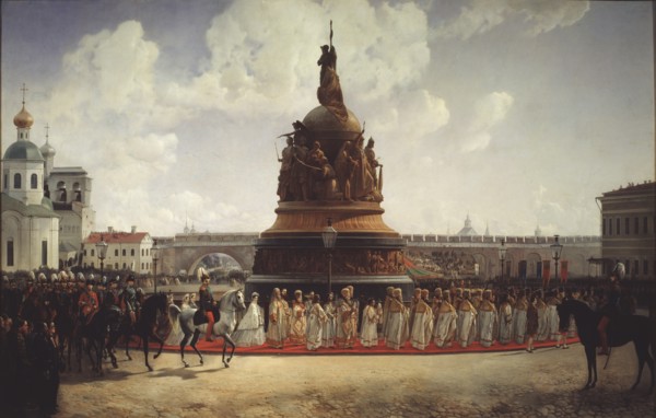 The Consecration of the Monument  to the Millennium of Russia in Novgorod on 1862, 1864. Artist: Willewalde, Gottfried (Bogdan Pavlovich) (1818-1903)