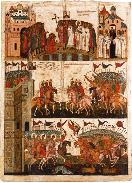Battle between the Novgorodians and Suzdalians, Mid of the 15th cen.. Artist: Russian icon