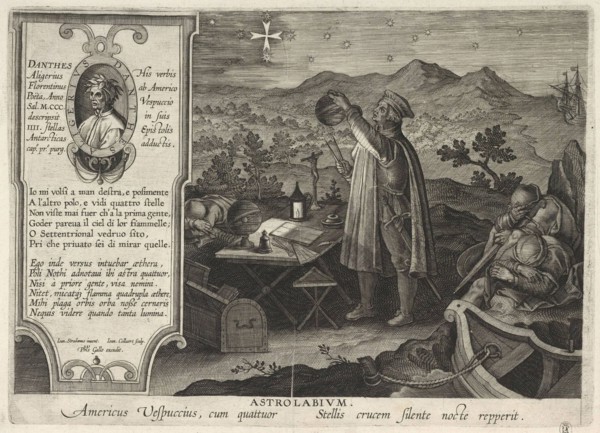 Amerigo Vespucci finding the Southern Cross constellation with an astrolabe (Americae Retectio), 1591. Artist: Galle, Philipp (1537-1612)