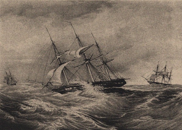 The frigate Kreiser and the sloop Ladoga at the coast of America 1823, 1900s-1910s. Artist: Anonymous