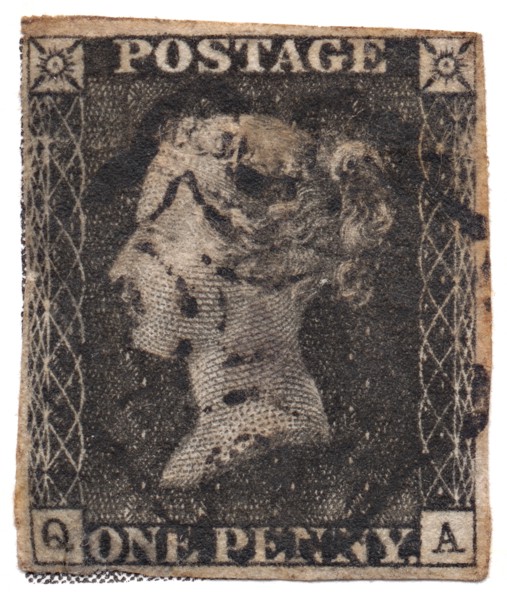 One Penny Black, the world's first postage stamp, c. 1840. Artist: Philately