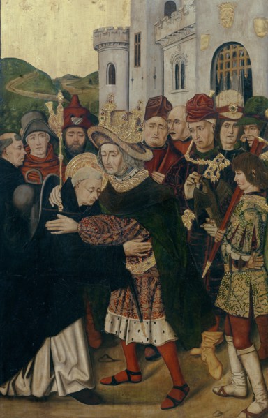 King Ferdinand I of Castile welcomed Saint Dominic of Silos, 1478-1480. Artist: Bermejo, Bartolomé (ca 1440-ca 1498)