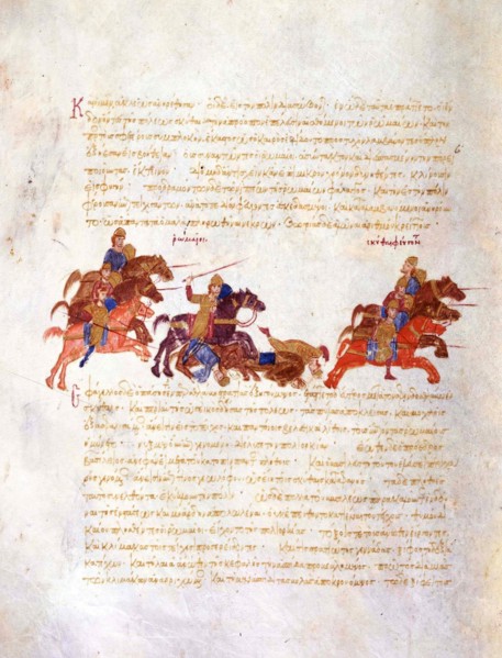 Pursuit of Sviatoslav's warriors by the Byzantine army (Miniature from the Madrid Skylitzes), 11th-1 Artist: Anonymous