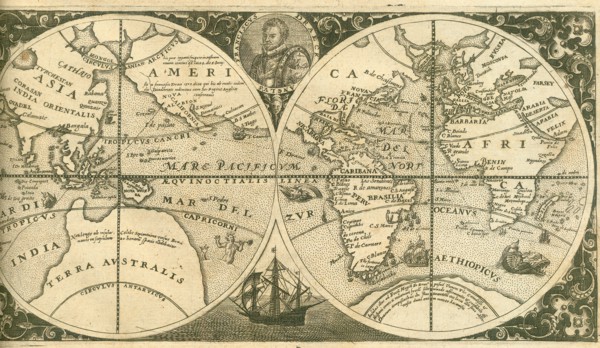 Title page of Americae Pars VIII (with a portrait of Francis Drake and his ship, the Golden Hind), 1 Artist: Bry, Theodor de (1528-1598)