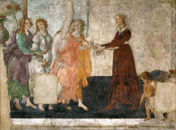 Venus and the Three Graces offering presents to a young girl, 1484-1486. Artist: Botticelli, Sandro (1445-1510)