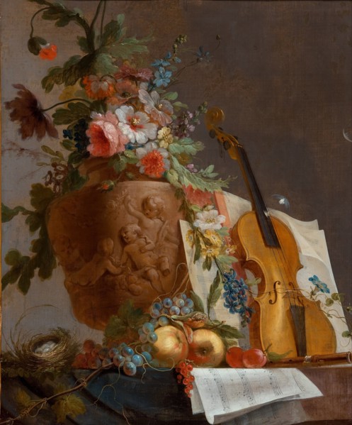 Still life with flowers and a violin, c. 1750. Artist: Bachelier, Jean-Jacques (1724-1806)